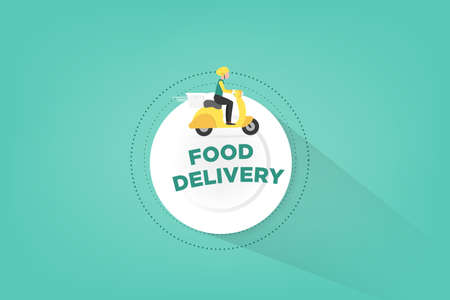 Food delivery service E-commerce concept by scooter courier. application tracking a delivery man on a moped. city skyline in the background, vectorの写真素材