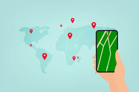 Food delivery service E-commerce concept by scooter courier. Hand holding mobile application tracking a delivery man on a moped. city skyline in the background, vectorのイラスト素材