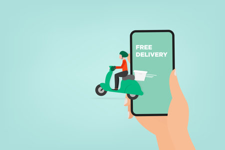 Food delivery service E-commerce concept by scooter courier. Hand holding mobile application...