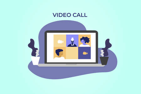 Video call conference, working from home. Colleagues talk to each other on the laptop screen, vectorのイラスト素材
