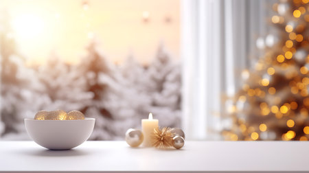 Festive Christmas Mockup Banner Empty White Table Top with Warm Living Room Decor and Snow Holiday Backgroundの素材