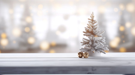 Festive Christmas Mockup Banner Empty White Table Top with Warm Living Room Decor and Snow Holiday Backgroundの素材
