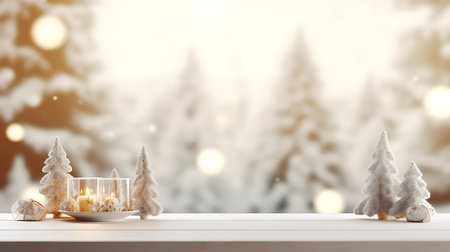 Festive Christmas Mockup Banner Empty White Table Top with Warm Living Room Decor and Snow Holiday Backgroundの素材