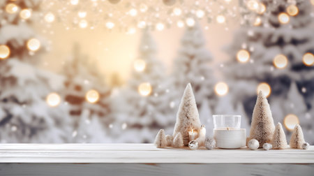 Festive Christmas Mockup Banner Empty White Table Top with Warm Living Room Decor and Snow Holiday Backgroundの素材