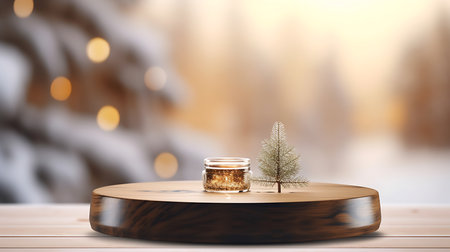 Festive Christmas Mockup Banner Empty White Table Top with Warm Living Room Decor and Snow Holiday Backgroundの素材