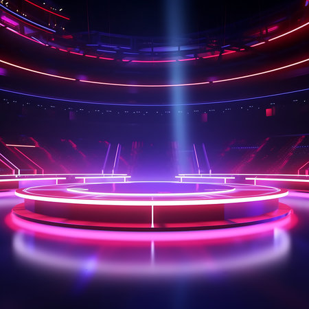 Futuristic E-Sport Event Empty Center in a Vibrant Neon-Lit Stadium on Dark Blue Backgroundの素材