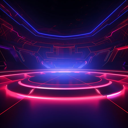 Futuristic E-Sport Event Empty Center in a Vibrant Neon-Lit Stadium on Dark Blue Backgroundの素材