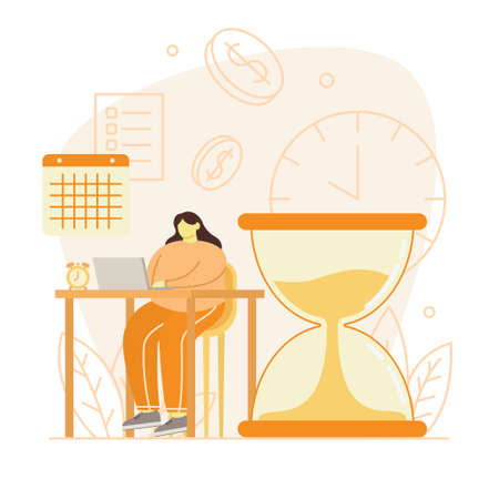 Women Working On Laptop With Big Hourglass and Clock with calender behind, Time Management Flat Design Illustration Vectorのイラスト素材