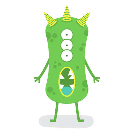 Funny Cute Third Eyes Green Cucumber Halloween Monster with three horns Flat Design Vector Illustrationのイラスト素材