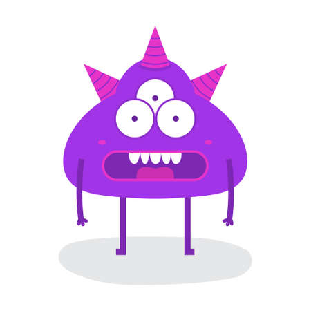 Funny Cute Third Eyes Purple Halloween Monster with Three Horn Flat Design Vector Illustrationのイラスト素材