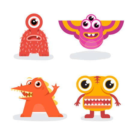 Funny Cute Purple Halloween Monster with Horn Flat Design Vector Illustrationのイラスト素材