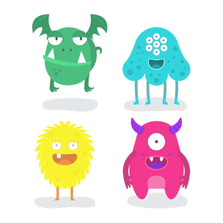 Funny Cute Purple Halloween Monster with Horn Flat Design Vector Illustrationのイラスト素材