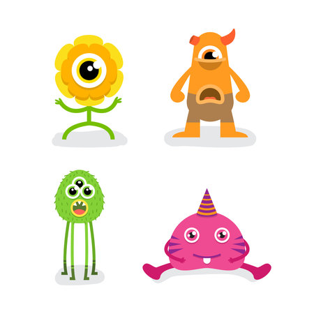 Funny Cute Purple Halloween Monster with Horn Flat Design Vector Illustration