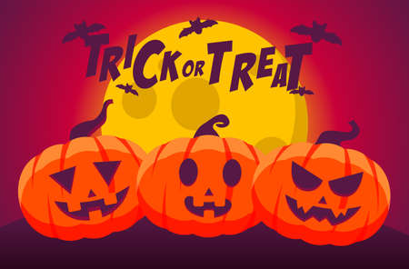 Happy Halloween Trick or Treat Background with jack-o-lantern and Flying Bat on a Full Moon Nightのイラスト素材