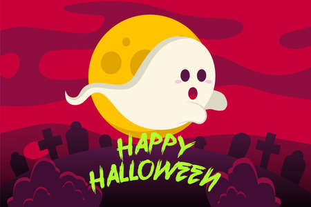 Happy Halloween Background with Cute Flying Ghost and Full Moon in the sky. Vector Illustrationのイラスト素材