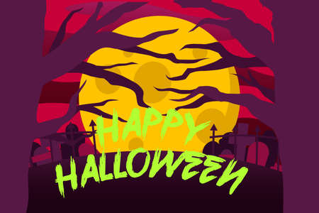 Happy Halloween Background with full moon in the sky, tombstone and Spooky Forestのイラスト素材