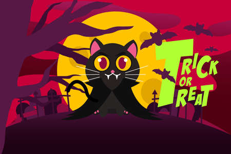 Happy Halloween Background With Cute black vampire cat,tombstone,Spooky Forest, Bat and full moon in the skyのイラスト素材