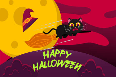 Happy Halloween Background with cute black cat scared riding broomstick. vector Illustrationのイラスト素材
