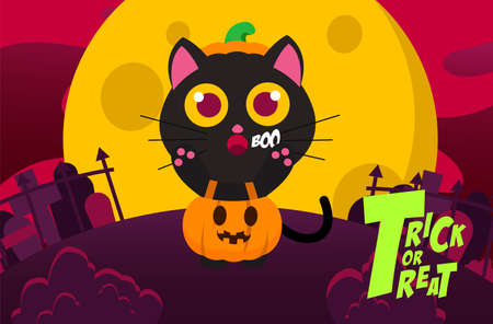 Happy Halloween Trick or Treat Background with Cute Black cat wearing pumpkin clothes on a full moon nightのイラスト素材