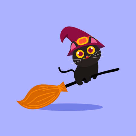 Vector Illustration for Halloween, Happy Cute Black Cat Riding broomstickのイラスト素材