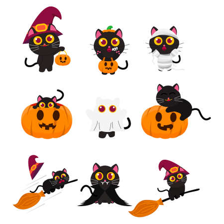 Set of Cute Black Cat Wearing Costume Mummy,Ghost,Vampire and jack-o-lantern. Riding Broomstick. Hide in the jack-o-lantern, Carrying jack-o-lantern, sit on jack-o-lantern vector Illustrationのイラスト素材