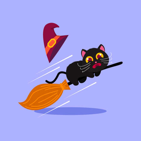 Vector Illustration for Halloween, cute black cat scared riding broomstickのイラスト素材