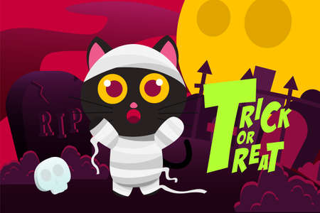 Happy Halloween Trick or Treat Background with Cute Mummy Black Cat, tombstone and Skull full moon nightのイラスト素材
