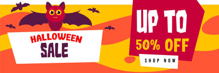 Halloween Event Sale Banner Discount Up To 50% With Cute Bat Background Flat Design Illustrationのイラスト素材