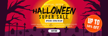 Halloween Event Super Sale Banner Discount Up To 50% Extra 10% With Big Moon and Grave Background Flat Design Illustrationのイラスト素材