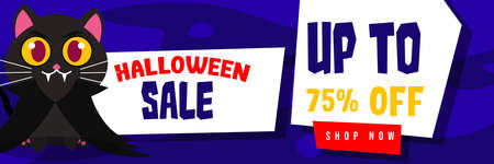 Halloween Event Sale Banner Discount Up To 75% With Cute Vampire Black Cat Background Flat Design Illustrationのイラスト素材