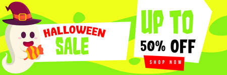 Halloween Event Sale Banner Discount Up To 50% With Cute Ghost Carrying A Candy Background Flat Design Illustrationのイラスト素材