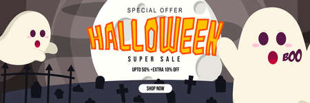 Halloween Event Super Sale Banner Discount Up To 50% Extra 10% With Big Moon Grave and Ghost Background Flat Design Illustrationのイラスト素材