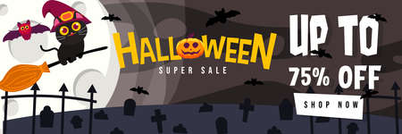Halloween Event Super Sale Banner Discount Up To 75% With Big Moon, Grave, Cute Witch Cat, and Cute Bat Background Flat Design Illustrationのイラスト素材