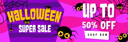 Halloween Event Super Sale Banner Discount Up To 50% With Cute Spiders Background Flat Design Illustrationのイラスト素材