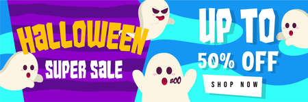 Halloween Event Super Sale Banner Discount Up To 50% With Cute Ghost Background Flat Design Illustrationのイラスト素材