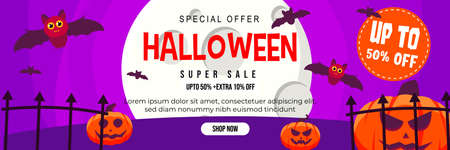Halloween Event Super Sale Banner Discount Up To 50% Extra 10% With Big Moon, Cute Bat and Jack O Lantern Pumpkin Background Flat Design Illustrationのイラスト素材