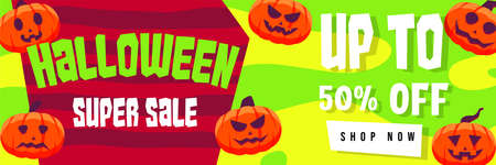 Halloween Event Sale Banner Discount Up To 50% With Jack O Lantern Pumpkin Background Flat Design Illustrationのイラスト素材