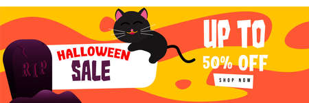 Halloween Event Sale Banner Discount Up To 50% With Cute Black Cat and Headstone Background Flat Design Illustrationのイラスト素材