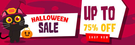 Halloween Event Sale Banner Discount Up To 75% With Cute Witch Black Cat Carrying Jack O Lantern Background Flat Design Illustrationのイラスト素材