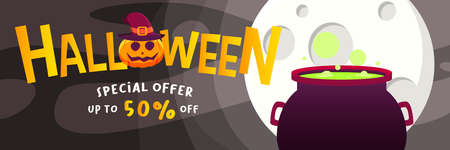 Halloween Special Offer Banner With Big Cauldron with green crater on a Full Moon Night. Special offer Up to 50%. can use for Poster, Banner, Special Offer, Discountのイラスト素材