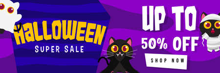 Happy Halloween Promo Sale Banner with cute black cat use vampire, ghost and mummy costume. can use for Poster, Banner, Special Offer, Discountのイラスト素材