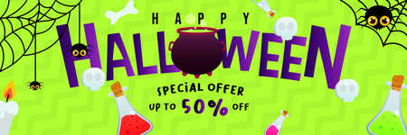 Happy Halloween Promo Sale Banner with Witch Ornament, Big Cauldron with green crater, Poison Bottle, Skull, Cute Spiders. Special Offer Up To 50%のイラスト素材