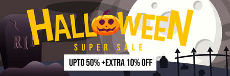 Happy Halloween Promo Sale Banner with Big tombstone at cemetery with full moon light at night background. cat use vampire, ghost and mummy costume. can use for Poster, Banner, Special Offer, Discountのイラスト素材