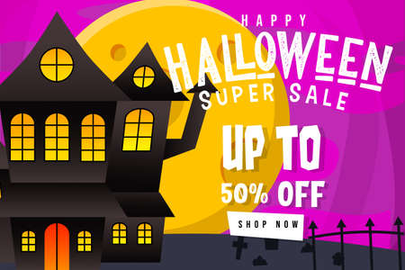 Happy Halloween Super Sale Up to 50% with Big Spooky Castle on a Full Moon Nightのイラスト素材