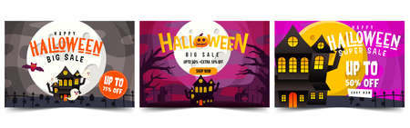 Set Of Spooky Castle Background for Halloween Big Sale and Super Sale promotion. Spooky Castle, Spooky forest, full moon nightのイラスト素材