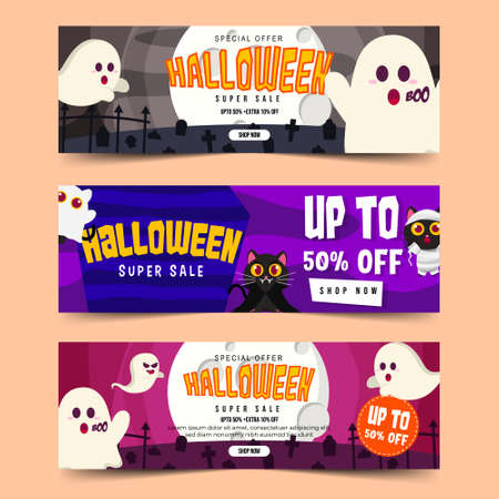 Set Of Halloween Super Sale with ghost on a full moon night and Cute Black Cats use Mummy, ghost, vampire costumeのイラスト素材