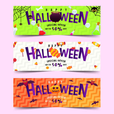 Set of Happy Halloween Special Offer with Big Candy, Cauldron,Jack O' Lantern. Cute Flying Bats and Cute Spider. Geometric Pattern.のイラスト素材