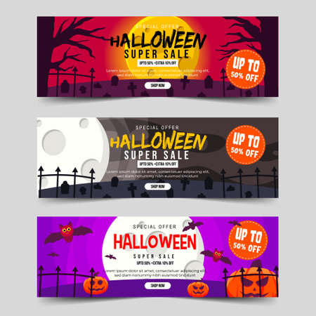 Set of Halloween Super Sale with Spooky background, Flying bats, Spooky Forest, Full moon and Jack O' Lanternのイラスト素材