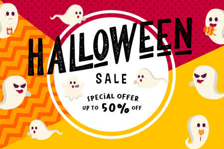 Halloween Sale Background with Geometric pattern and cute flying ghostのイラスト素材
