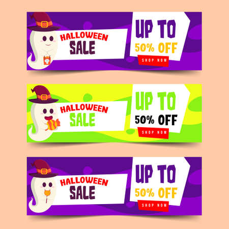 Set Of Halloween Sale with Ghost carrying a bag full of candy, Ghost Eat Candy and Ghost Carrying Big Candy.のイラスト素材